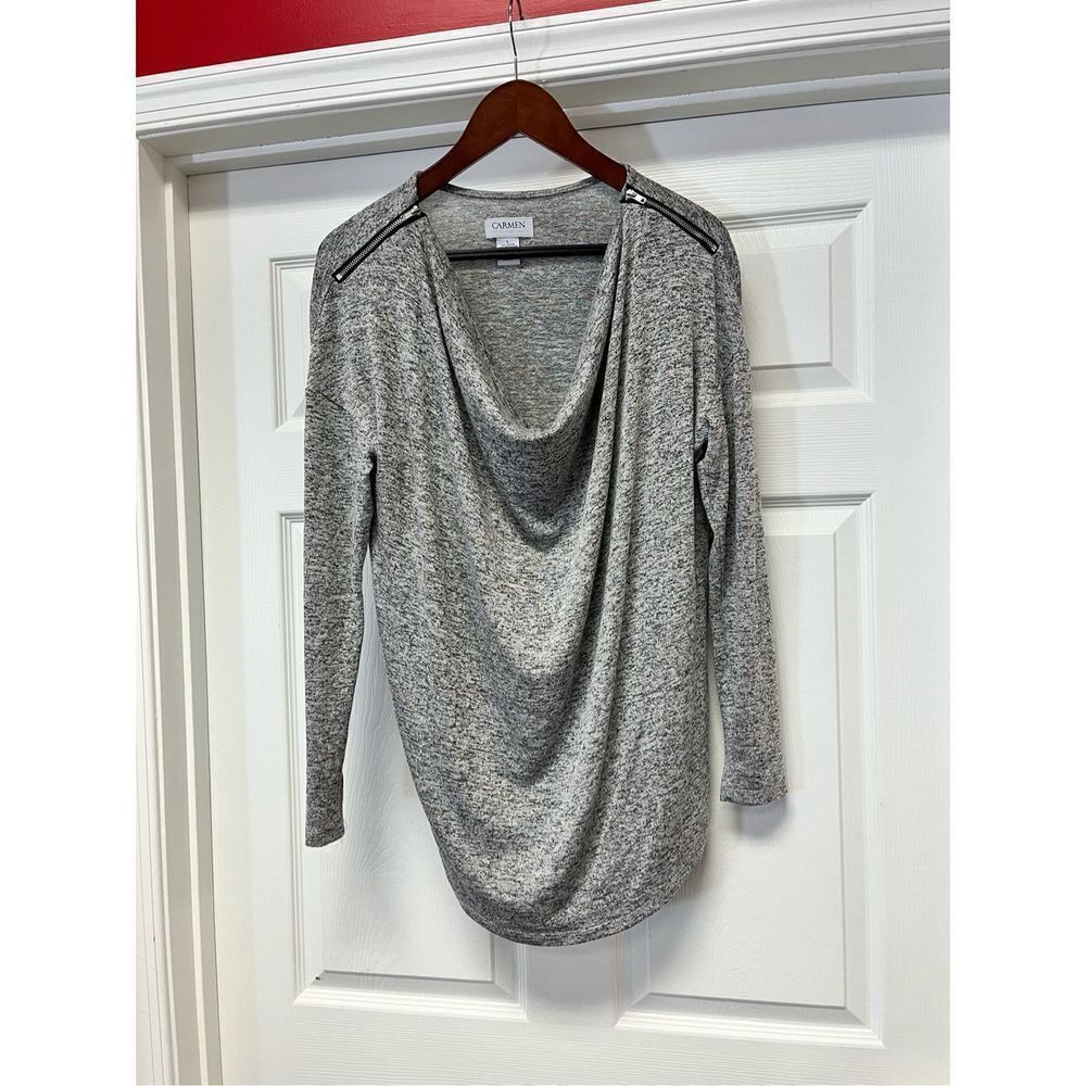 Carmen Marc Valvo Gray Jersey Zipper Shoulder Cowl Neck Top sz L EUC - Picture 1 of 6